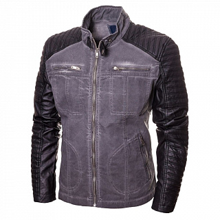 Угольная джинсовая куртка с кожаными вставками